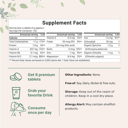 Organic Chlorella Spirulina Tablets, 3000Mg per Serving, 720 Counts, 4 Months Supply, 50/50 Blend Superfood, No Filler, No Additives, Cracked Cell Wall, Rich in Vegan Protein & Chlorophyll