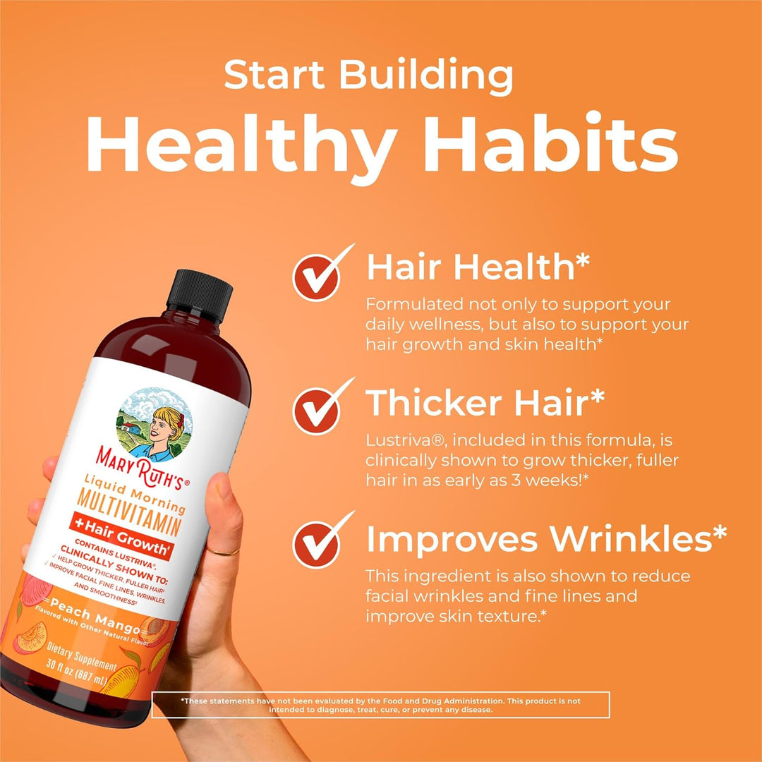 Maryruth'S Liquid Multivitamin + Lustriva® Hair Growth | Biotin 10000Mcg | Vitamin D | B Vitamins | Clinically Tested for Thicker Hair, Wrinkles, Fine Lines, Skin Care | Ages 18+ | 30 Fl Oz