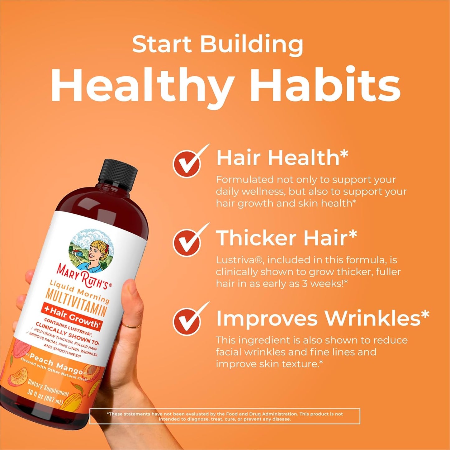 Maryruth'S Liquid Multivitamin + Lustriva® Hair Growth | Biotin 10000Mcg | Vitamin D | B Vitamins | Clinically Tested for Thicker Hair, Wrinkles, Fine Lines, Skin Care | Ages 18+ | 30 Fl Oz