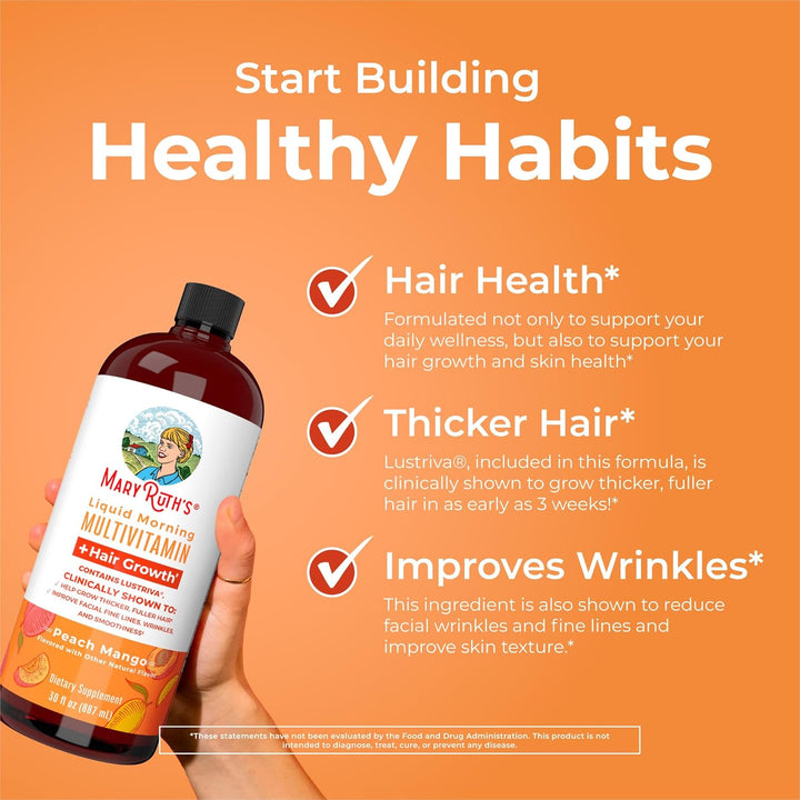 Maryruth'S Liquid Multivitamin + Lustriva® Hair Growth | Biotin 10000Mcg | Vitamin D | B Vitamins | Clinically Tested for Thicker Hair, Wrinkles, Fine Lines, Skin Care | Ages 18+ | 30 Fl Oz