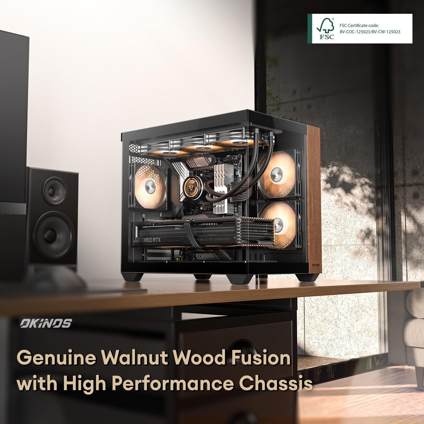 Genuine Walnut Wood PC Case, Pre-Installed 4 X 120Mm ARGB & PWM Fans, Type-C Port, Panoramic View Tempered Glass Side Panel, Black, ATX Case, Mid-Tower, Mirage 6