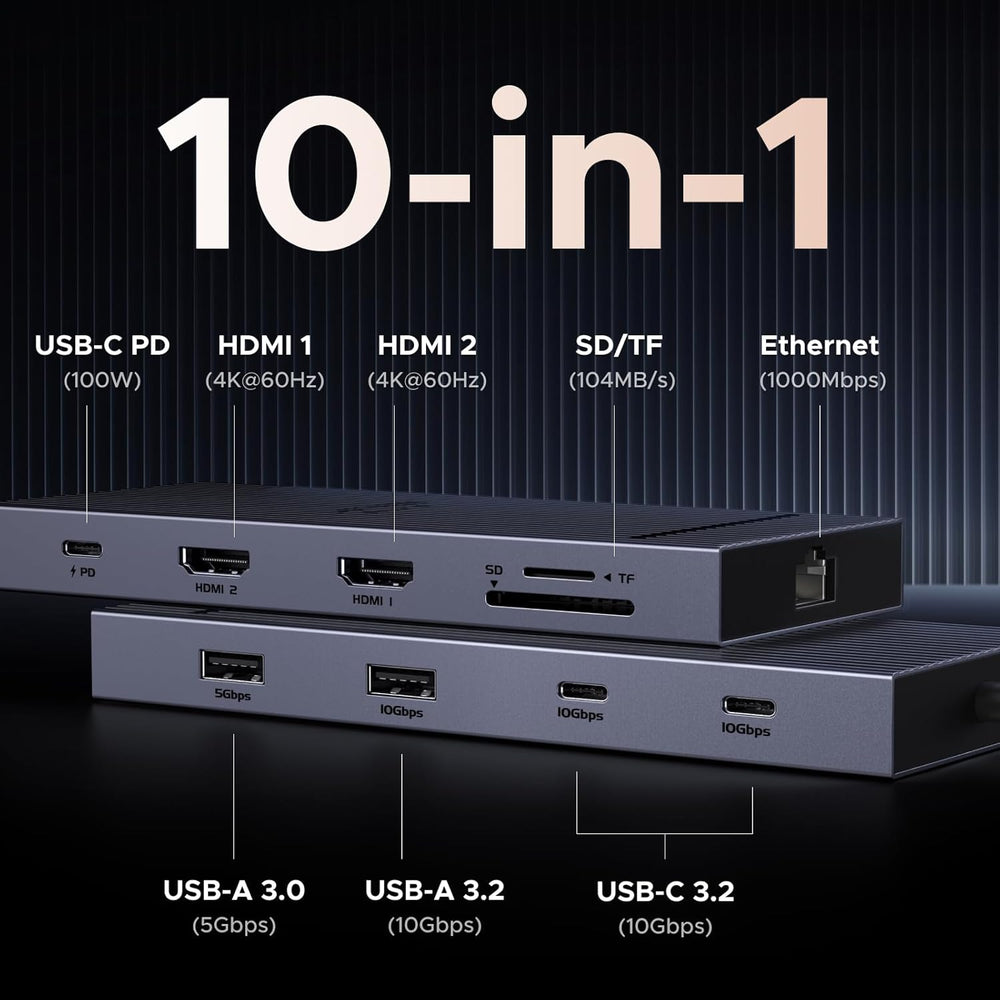 UGREEN Revodok 10 in 1 USB C Docking Station Dual 4K Monitor, USBC Hub with 2 HDMI, USB A&C 3.2 Ports, SD/TF Card Reader, PD 100W Charging, USB C Dock with 1Gbps Ethernet for Dell, HP, XPS and More