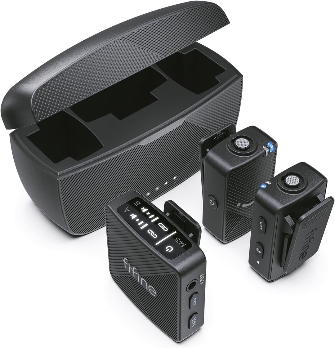 FIFINE Wireless Lavalier Microphone for Iphone/Android/Camera, 2 Pack Cordless Lapel Mic System for Vlog Recording Video Youtube/Tiktok Interview, Condenser Clip-On Microphone with Charging Case-M9