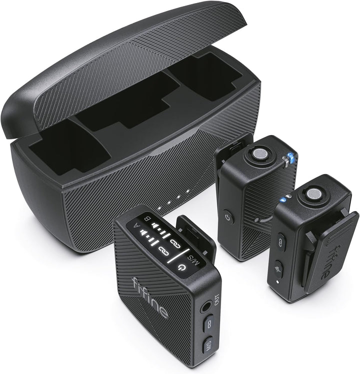 FIFINE Wireless Lavalier Microphone for Iphone/Android/Camera, 2 Pack Cordless Lapel Mic System for Vlog Recording Video Youtube/Tiktok Interview, Condenser Clip-On Microphone with Charging Case-M9