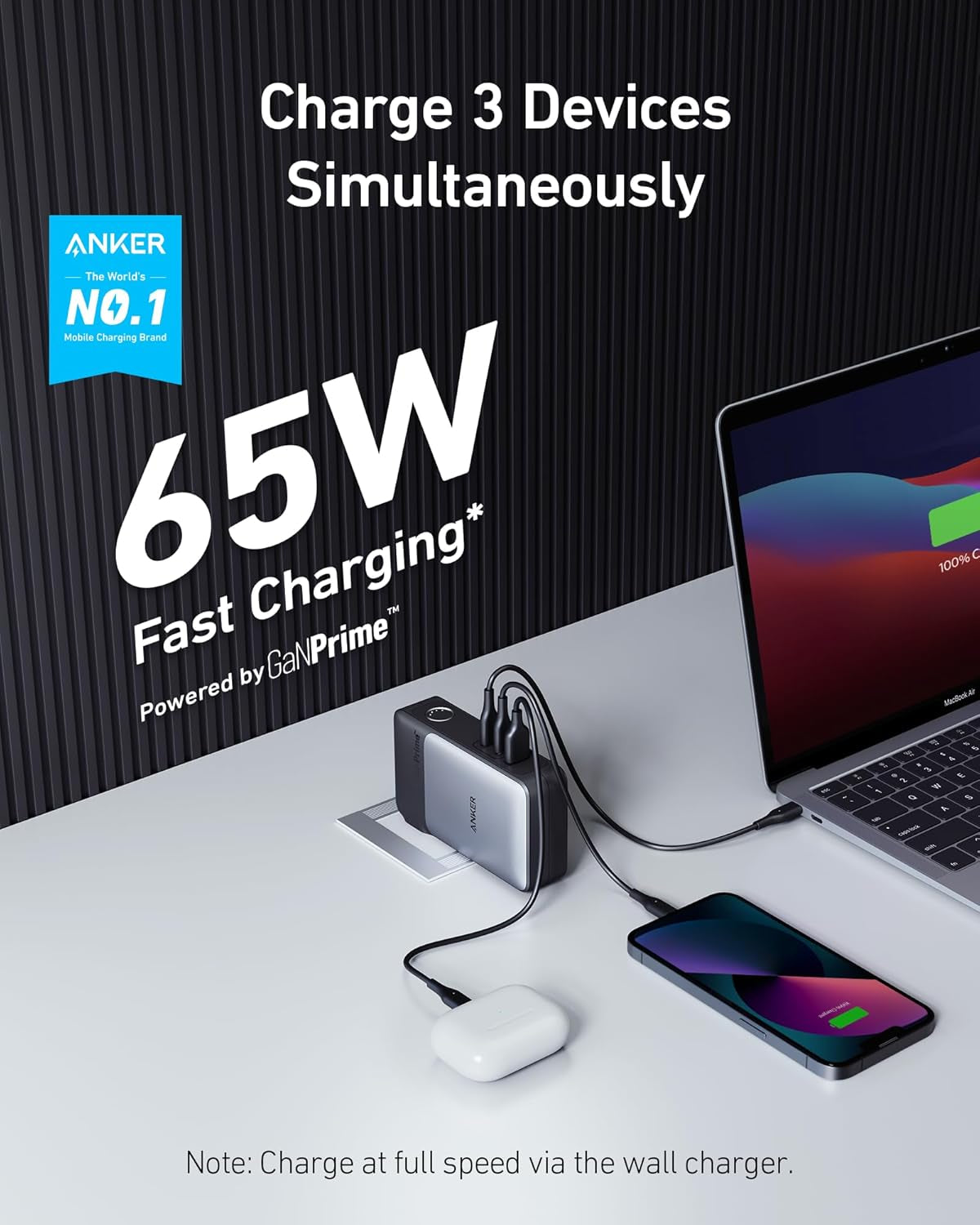 Anker Ganprime Power Bank, 2-In-1 Hybrid Charger, 10,000Mah 30W USB-C Portable Charger with 65W Wall Charger, Works for Iphone 15/15 Plus/15 Pro/15 Pro Max/14/13, Samsung, Pixel, Macbook, Dell