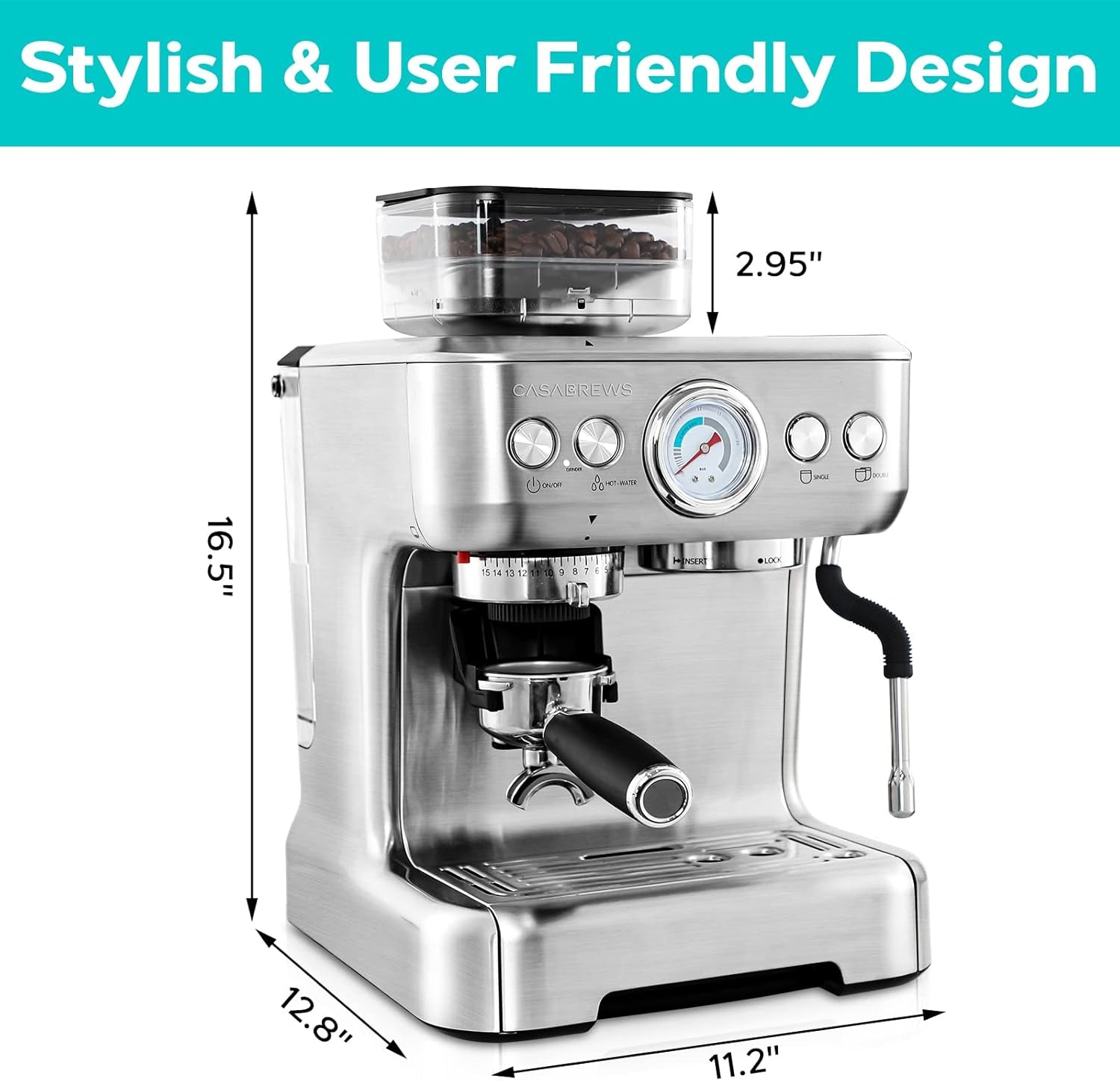 CASABREWS Espresso Machine with Grinder, Professional Espresso Maker with Milk Frother Steam Wand, Barista Latte Machine with Removable Water Tank for Cappuccinos or Macchiatos, Gift for Mom Dad