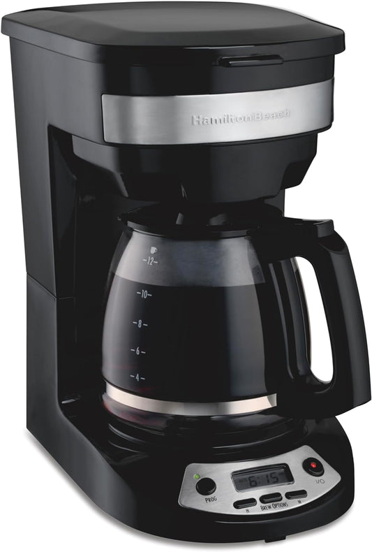 Hamilton Beach 12 Cup Programmable Drip Coffee Maker with 3 Brew Options, Glass Carafe, Auto Pause and Pour, Black with Stainless Accents (46299)