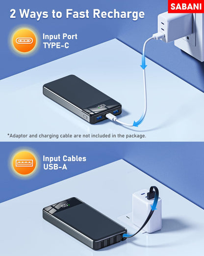 SABANI Portable Charger 35000Mah Power Bank - Portable Battery with 4 Built in Cables, 22.5W Fast Charging Battery Pack Compatible with Iphone 16 15 14 13 Samsung Android Phone Etc (1 Pack, Black)