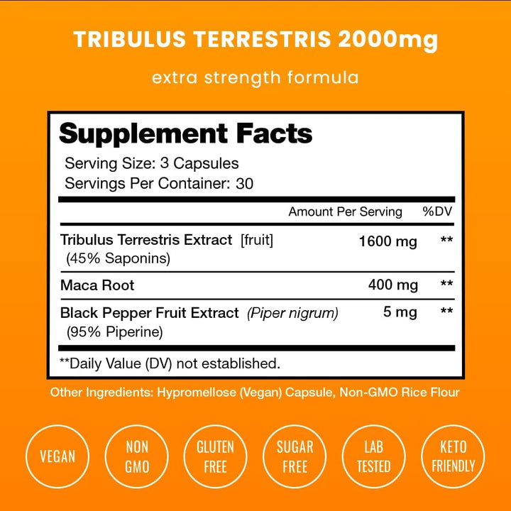 Tribulus Terrestris for Men | 2000Mg Supplement Booster for Energy, Vitality, Stamina & Performance | Extra Strength Saponins | Maca & Black Pepper Extract for Enhanced Absorption | 90 Vegan Capsules