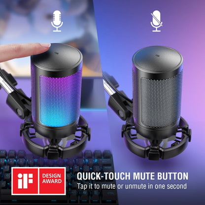 FIFINE Gaming PC USB Microphone, Podcast Condenser Mic with Boom Arm, Pop Filter, Mute Button for Streaming, Twitch, Online Chat, RGB Computer Mic for PC Gamer Youtuber-Ampligame A6T