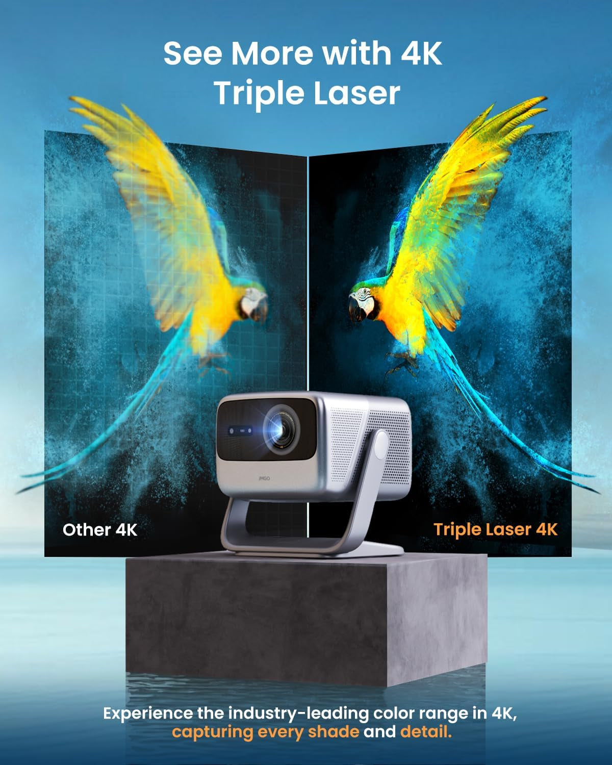 JMGO N1S Pro Triple Laser 4K Projector with Wifi and Bluetooth, 2250 ISO Lumens, 1600:1 Contrast, Netflix, GTV, 360° Real-Time Auto Focus, 180", HDR10, Dolby Digital Plus, Portable for Home Outdoor