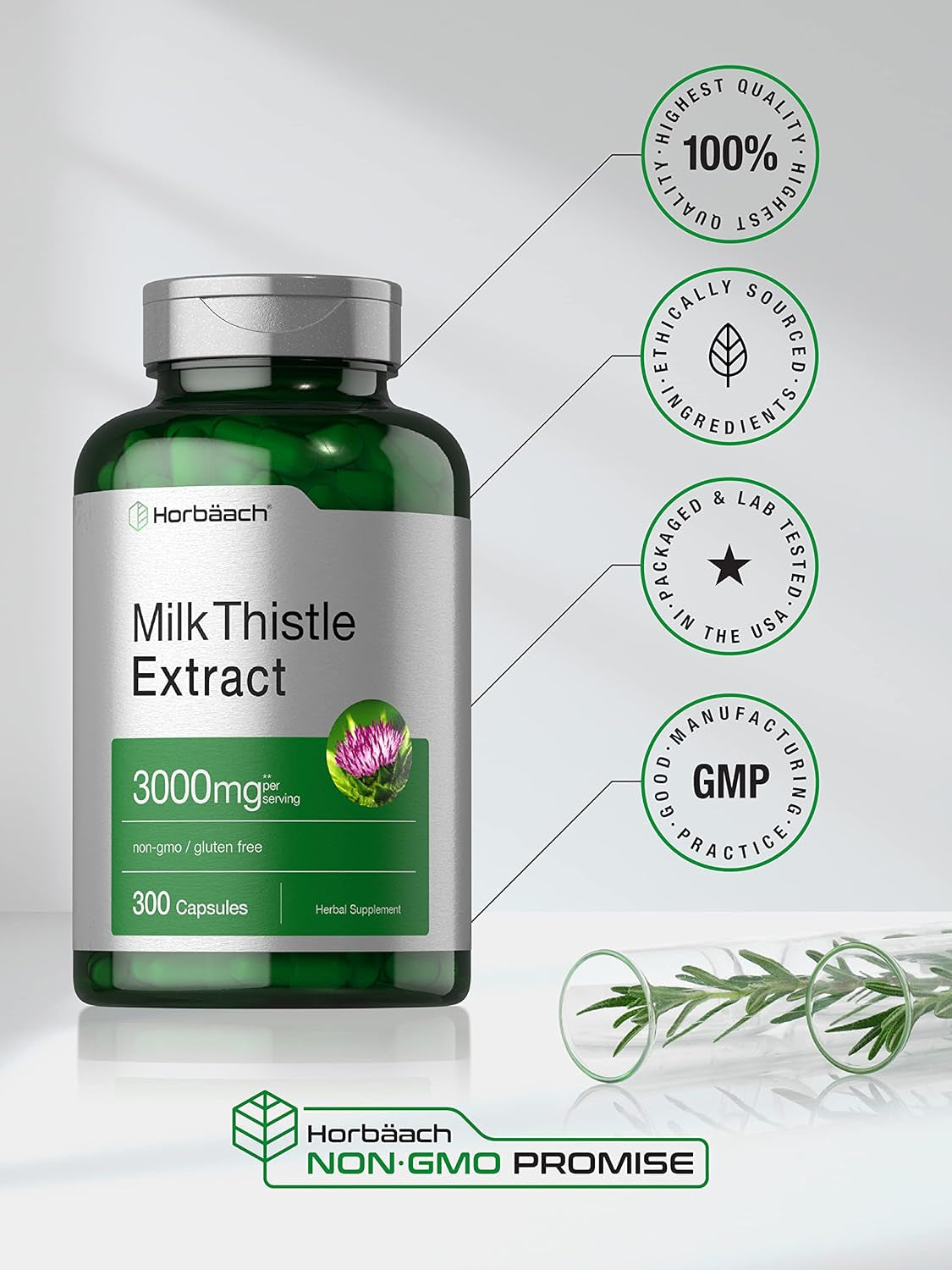 Horbäach Milk Thistle Supplement | 3000Mg | 300 Capsules | Herbal Extract | Non-Gmo, Gluten Free