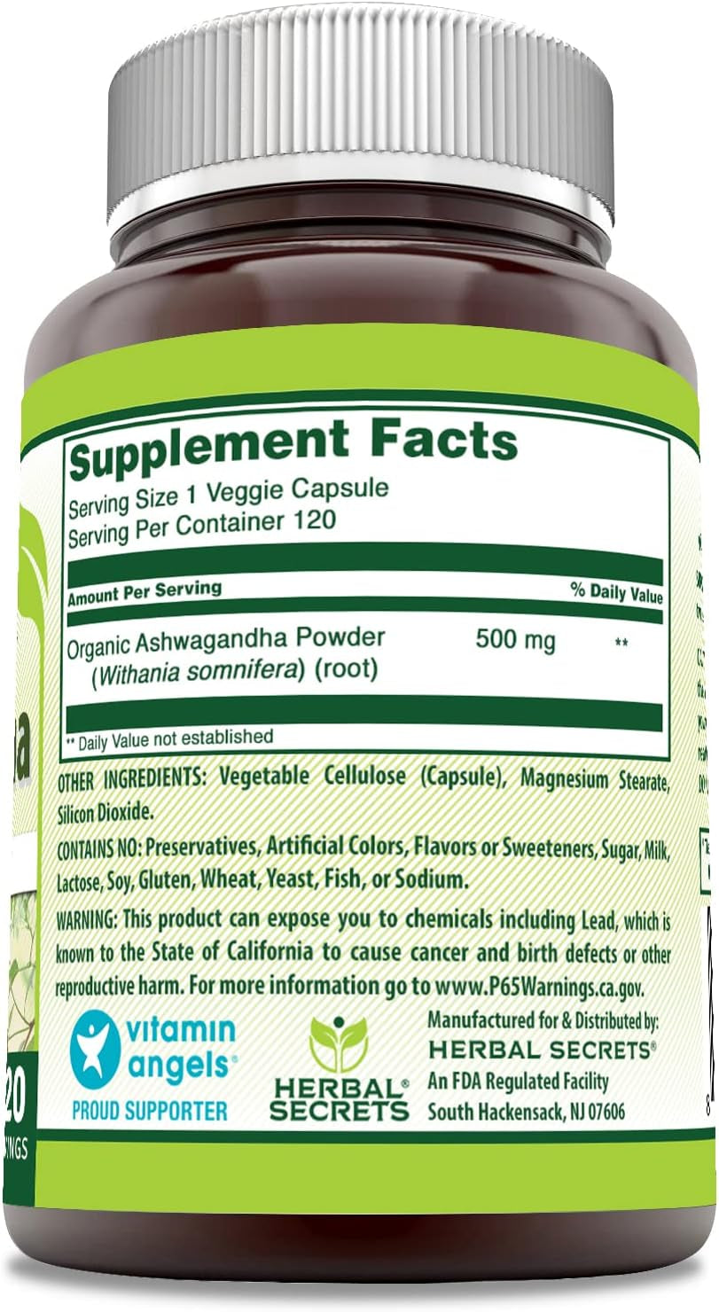 Herbal Secrets Ashwagandha Extract Supplement | 500 Mg per Serving | 120 Veggie Capsules | Non-Gmo | Gluten Free | Made in USA