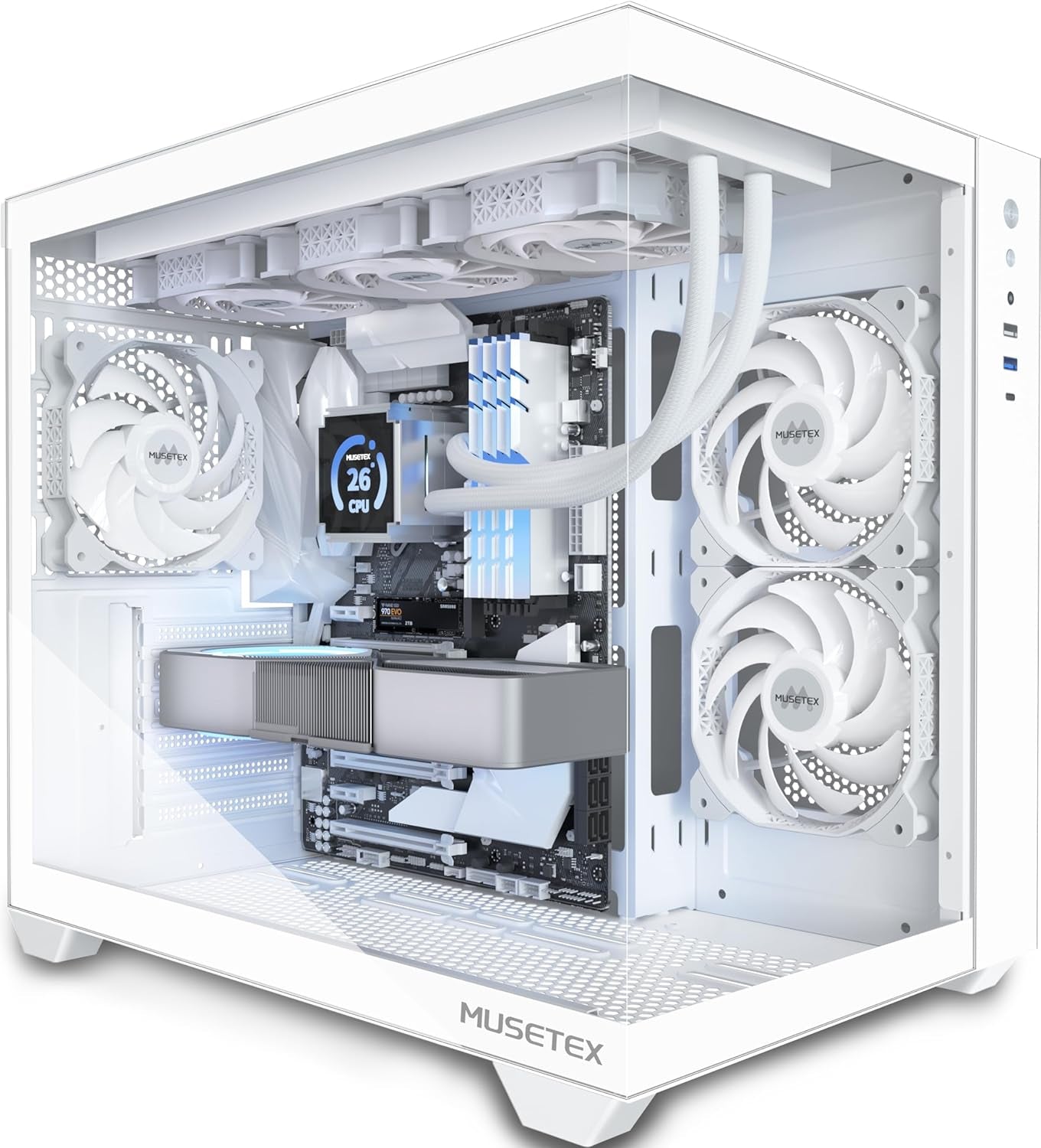 MUSETEX ATX PC Case, 360MM RAD Support, 3 X 120Mm Fans Pre-Installed, 270° Full View Tempered Glass Gaming PC Case with Type-C, Mid Tower ATX Computer Case, White, Y6