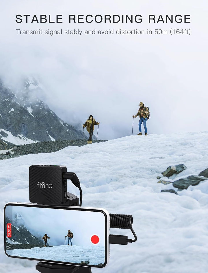 FIFINE Wireless Lavalier Microphone for Iphone/Android/Camera, 2 Pack Cordless Lapel Mic System for Vlog Recording Video Youtube/Tiktok Interview, Condenser Clip-On Microphone with Charging Case-M9