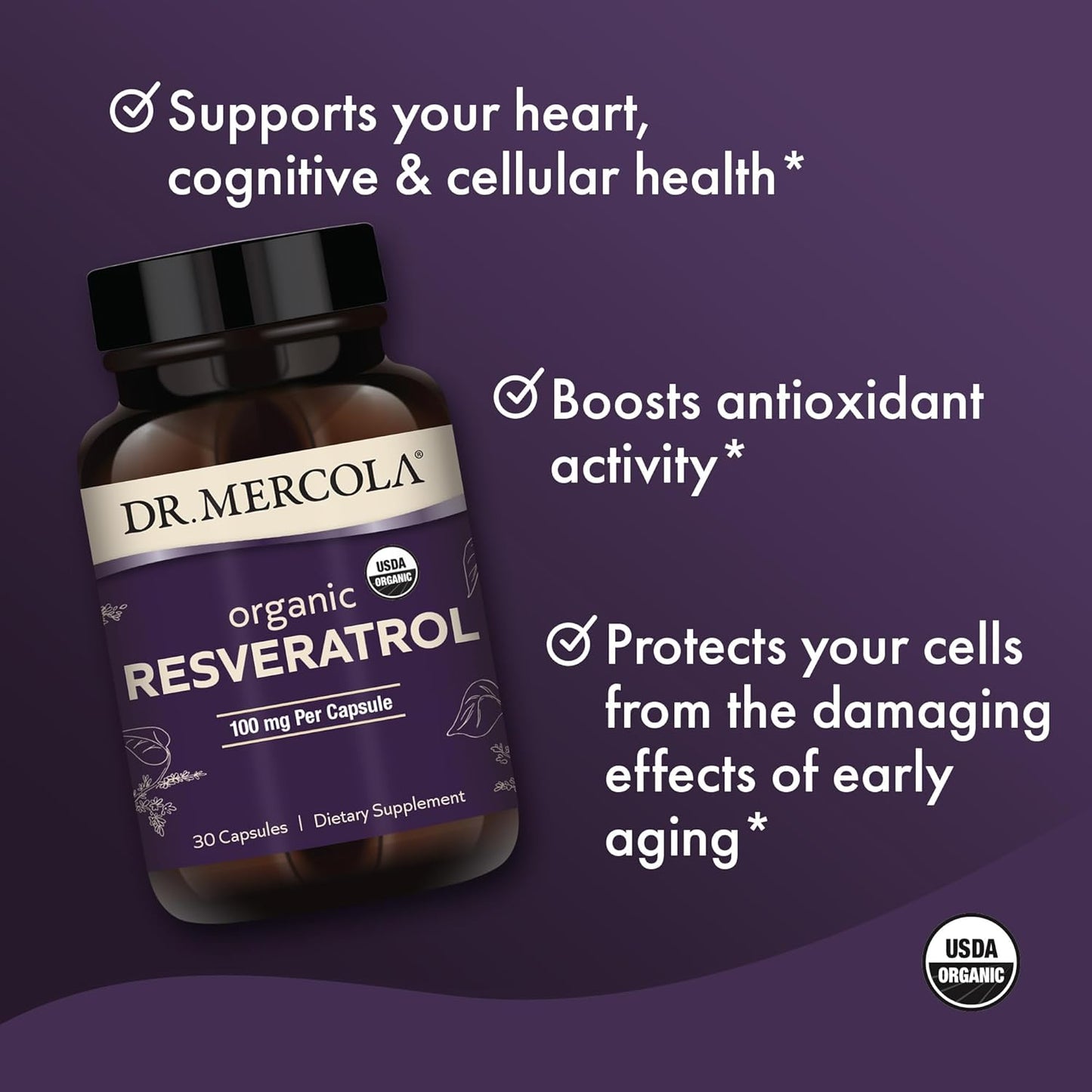 Dr. Mercola Organic Resveratrol Dietary Supplement, 100Mg per Capsule, 30 Servings (30 Capsules), Non GMO, Gluten Free, Soy Free, USDA Organic