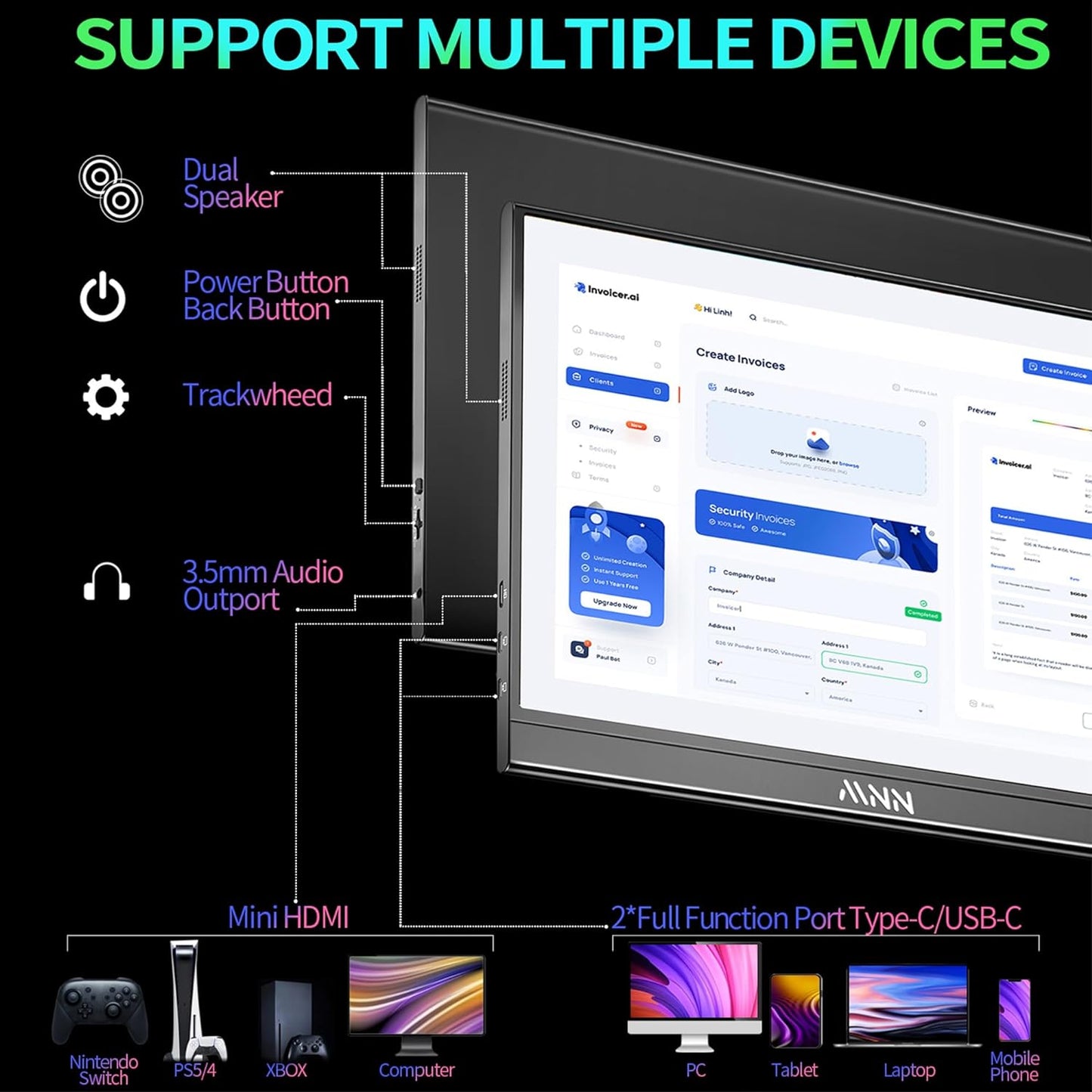 MNN Portable Monitor 15.6Inch FHD 1080P USB C HDMI Gaming Ultra-Slim IPS Display W/Smart Cover & Speakers,Hdr Plug&Play, External Monitor for Laptop PC Phone Mac