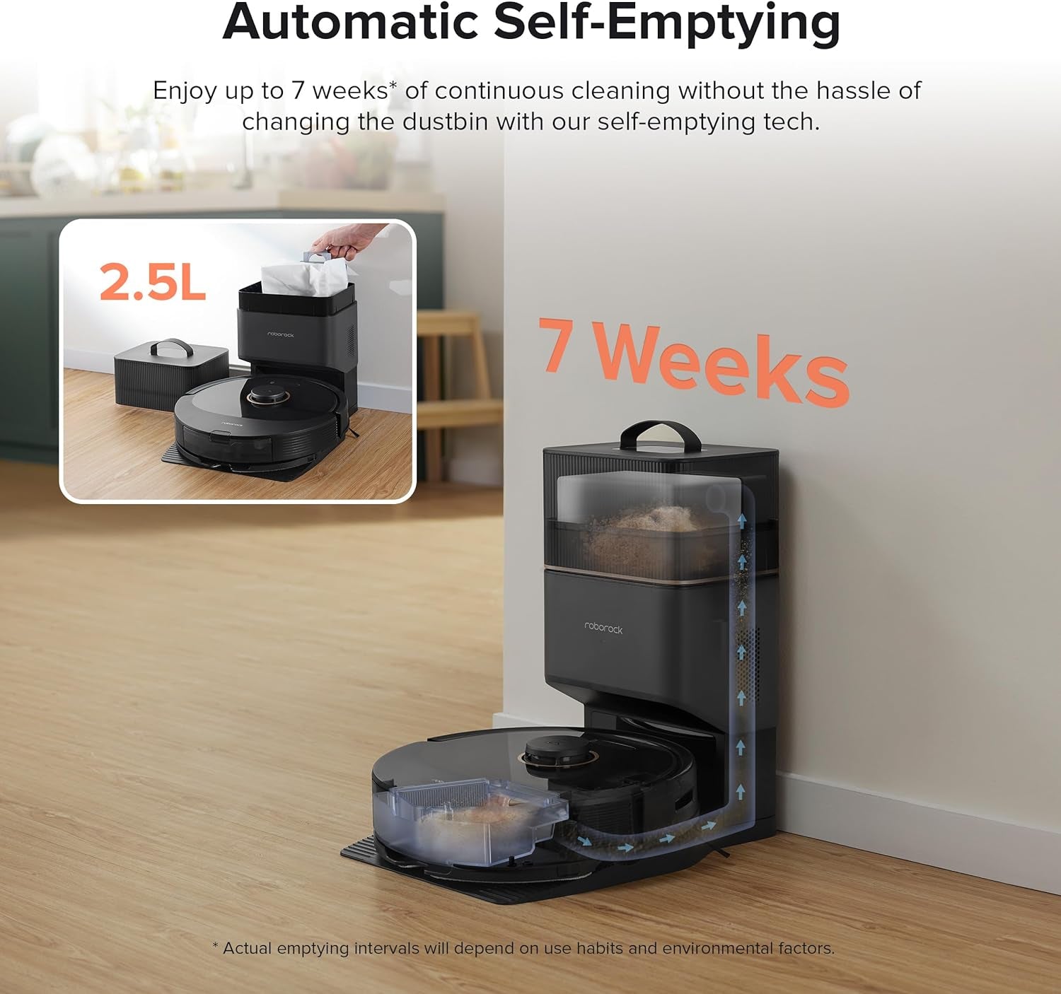 Roborock Q8 Max+ Robot Vacuum and Mop, Self-Emptying, Hands-Free Cleaning for up to 7 Weeks, Reactive Tech Obstacle Avoidance, 5500 Pa Suction, Duoroller Brush, App-Controlled Mopping, Black