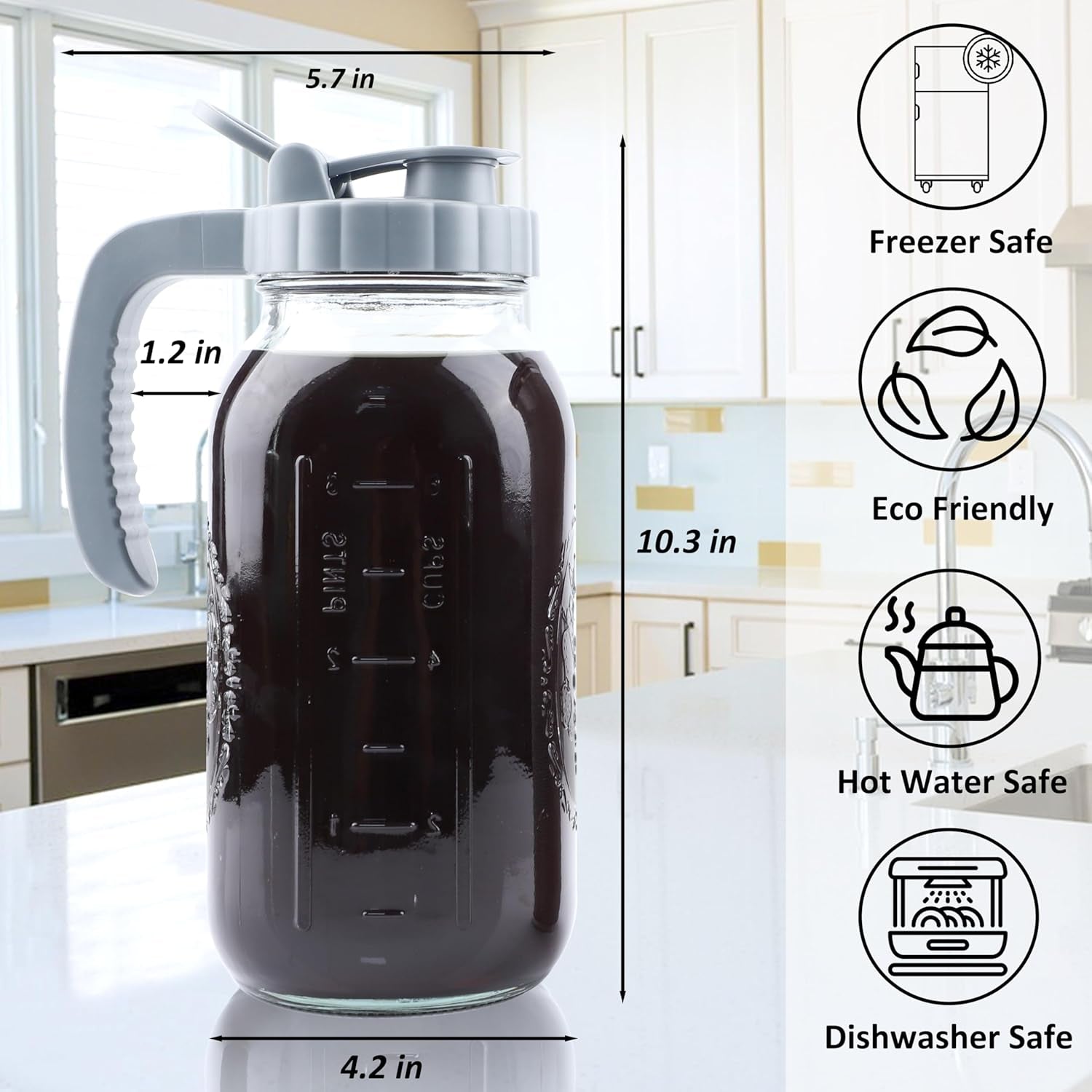 Cold Brew Coffee Maker 64 OZ Mason Jar Cold Brew Pitcher with Infuser 2 Quart Wide Mouth Iced Coffee Maker with Pour Spout Lid and Handle Half Gallon Airtight & Leakproof Pitcher for Fridge