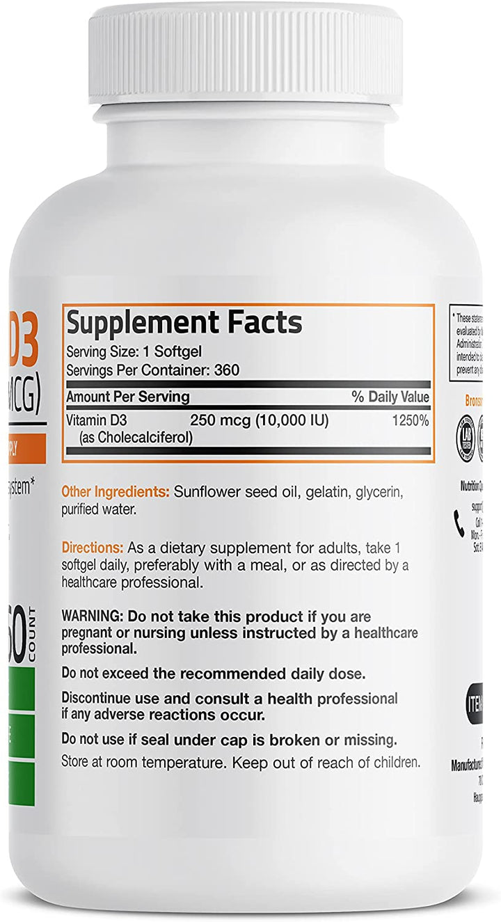 Bronson Vitamin D3 10,000 IU (250 Mcg) High Potency - Supports Healthy Immune System, Strong Bones, Muscles & Teeth - Non GMO, 360 Softgels (1 Year Supply)