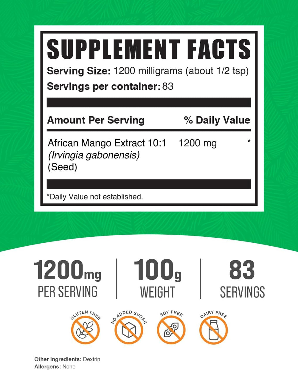 Bulksupplements.Com African Mango Extract Powder - Irvingia Gabonensis, African Mango Supplements, African Mango Powder - Gluten Free, 1200Mg per Serving, 100G (3.5 Oz) (Pack of 1)