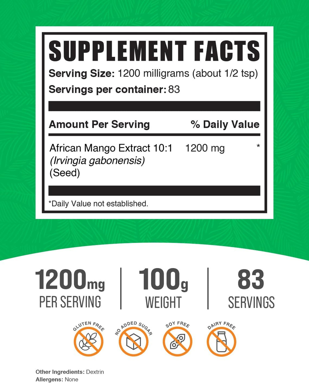 Bulksupplements.Com African Mango Extract Powder - Irvingia Gabonensis, African Mango Supplements, African Mango Powder - Gluten Free, 1200Mg per Serving, 100G (3.5 Oz) (Pack of 1)
