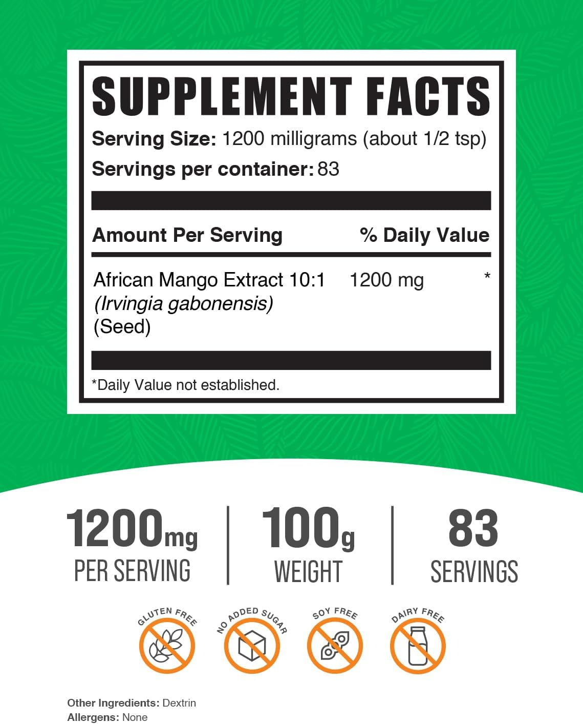 Bulksupplements.Com African Mango Extract Powder - Irvingia Gabonensis, African Mango Supplements, African Mango Powder - Gluten Free, 1200Mg per Serving, 100G (3.5 Oz) (Pack of 1)