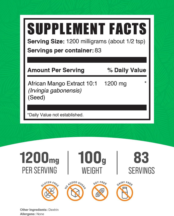 Bulksupplements.Com African Mango Extract Powder - Irvingia Gabonensis, African Mango Supplements, African Mango Powder - Gluten Free, 1200Mg per Serving, 100G (3.5 Oz) (Pack of 1)