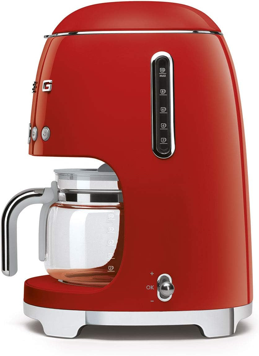 Smeg 50'S Retro Style Aesthetic Drip Coffee Machine with 10 Cup Glass Carafe, Auto Start Feature, Keep Warm Plate, and Two Coffee Strength Settings (Red)