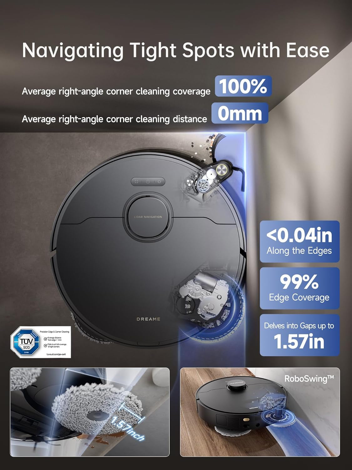 Dreame X40 Ultra Robotic Vacuum with Removable & Liftable Mop, 12,000Pa Suction, Side Brush Extensive Cleaning, 158°F Mop & Washboard Self Cleaning, Auto-Empty, Auto Refill, Liftable Brushes