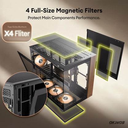 Genuine Walnut Wood PC Case, Pre-Installed 4 X 120Mm ARGB & PWM Fans, Type-C Port, Panoramic View Tempered Glass Side Panel, Black, ATX Case, Mid-Tower, Mirage 6