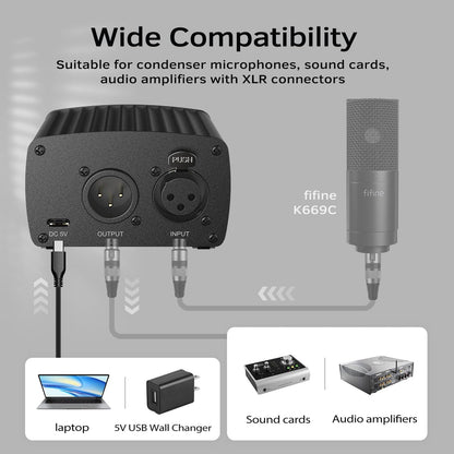 FIFINE 48V Phantom Power with Output/Input, Power Supply for Condenser Microphone, Recording Equipment-Pm48