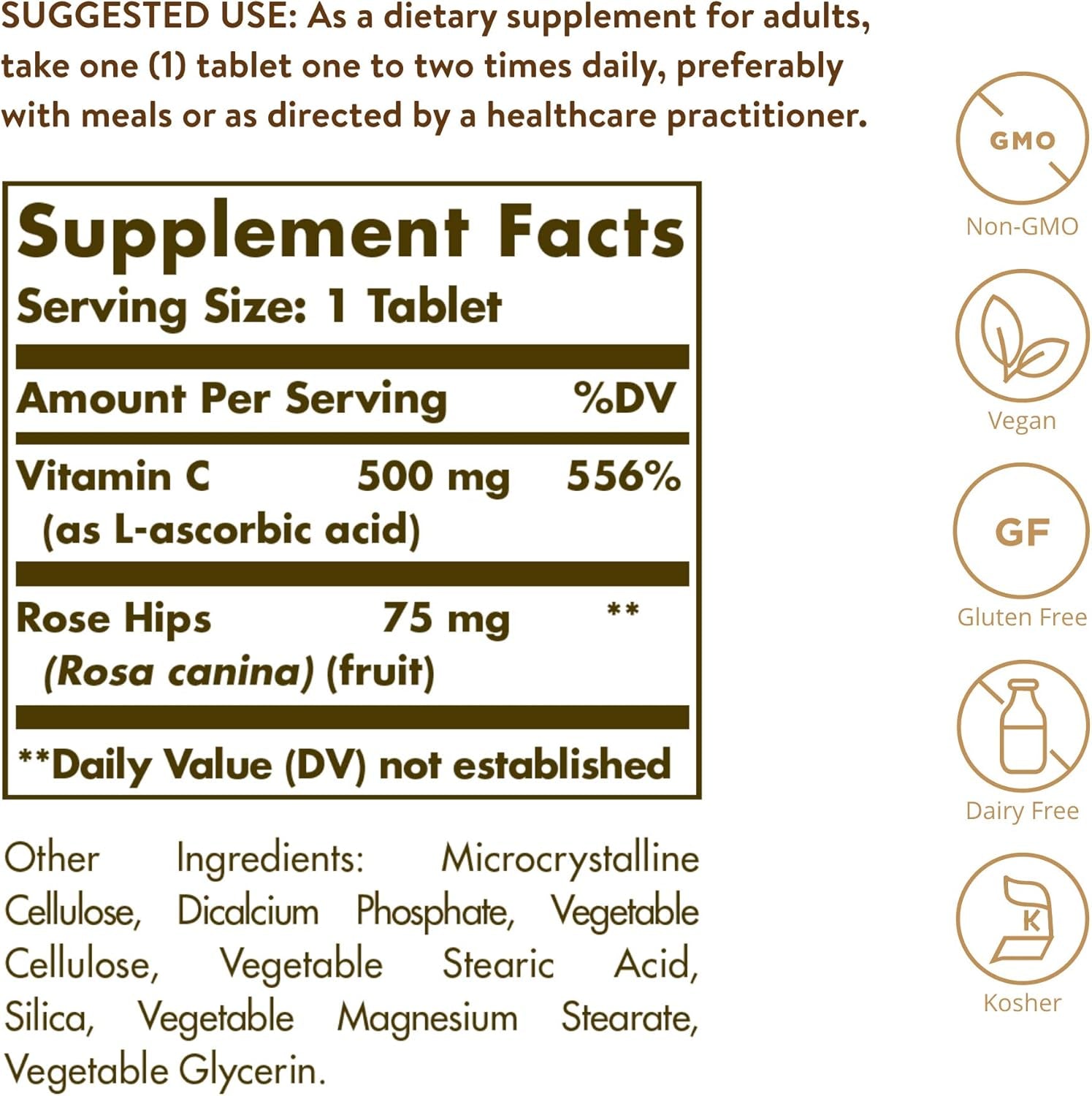 Solgar Vitamin C 500 Mg with Rose Hips, 250 Tablets - Antioxidant & Immune Support - Overall Health - Supports Healthy Skin & Joints - Non GMO, Vegan, Gluten Free, Dairy Free, Kosher - 250 Servings