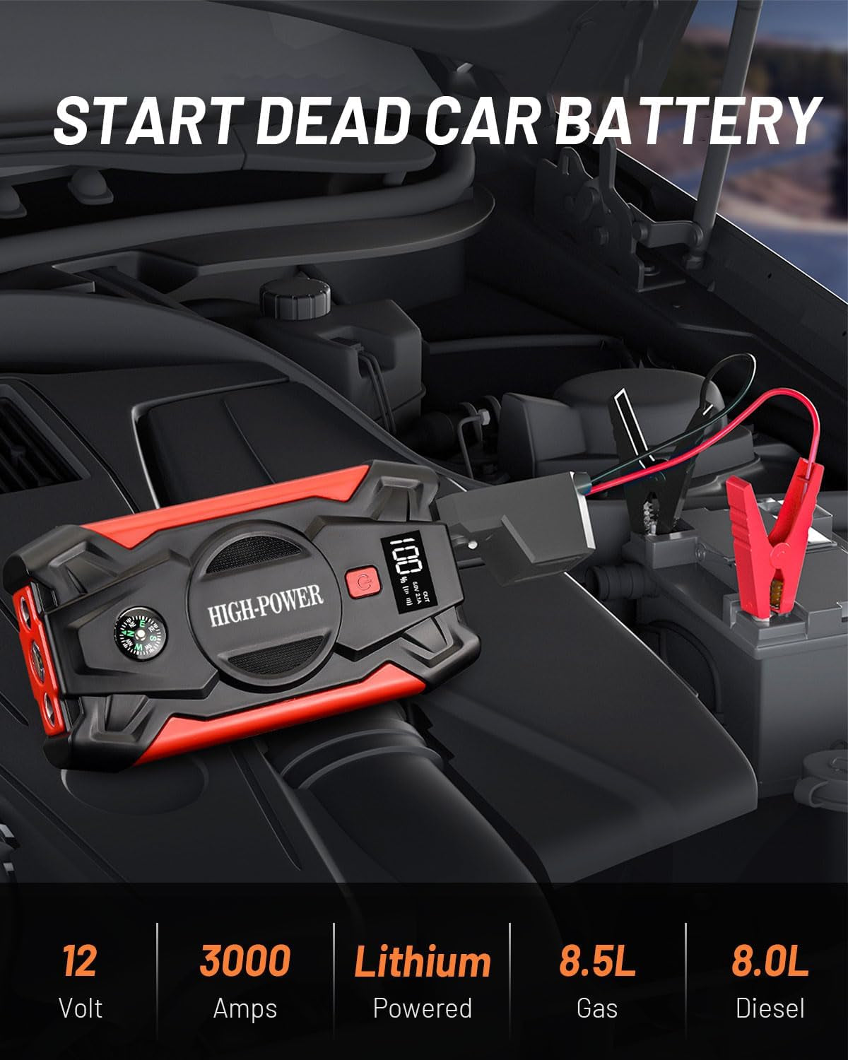 Car Jump Starter, 3000A Portable Car Battery Charger for up to 8.5L Gas & 8.0L Diesel Engines, 12V Car Jump Box with 4 Modes Flashlight, Power Bank Function, Smart Jumper Cables