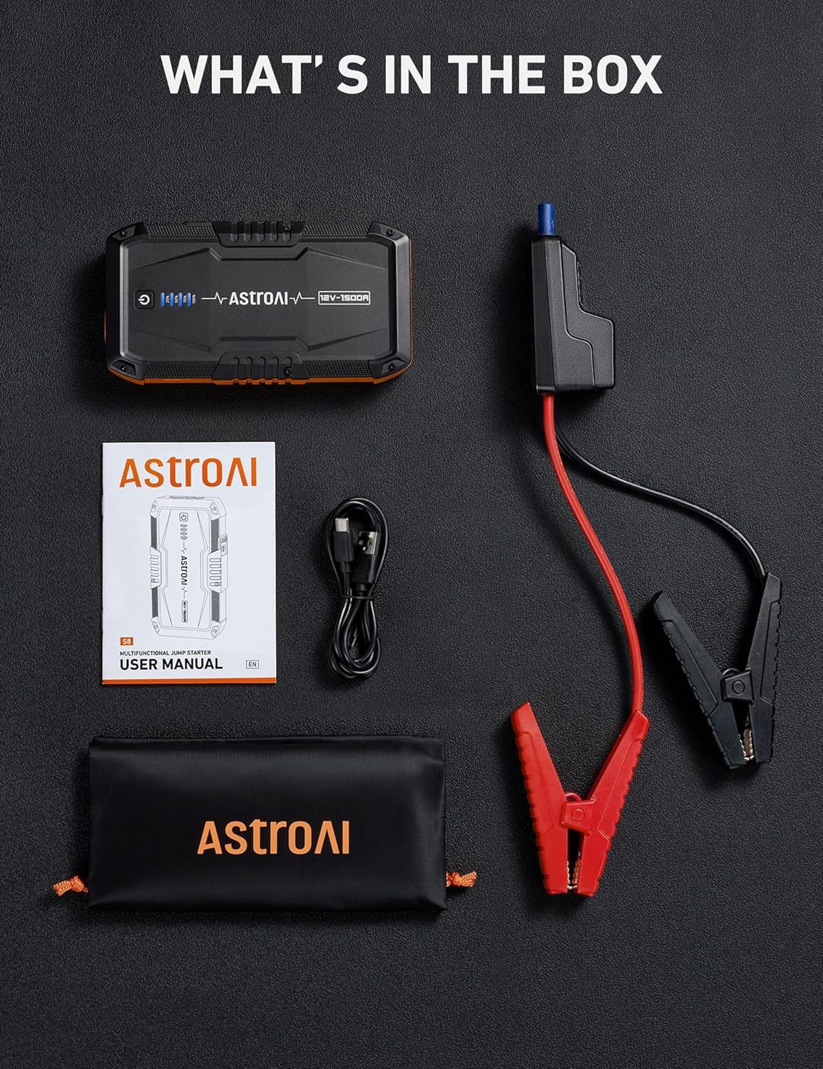 Astroai S8 Car Battery Jump Starter, 1500A Jump Starter Battery Pack for up to 6.0L Gas & 3.0L Diesel Engines, 12V Portable Jump Box with 3 Modes Flashlight and Jumper Cable, Stocking Stuffers(Orange)