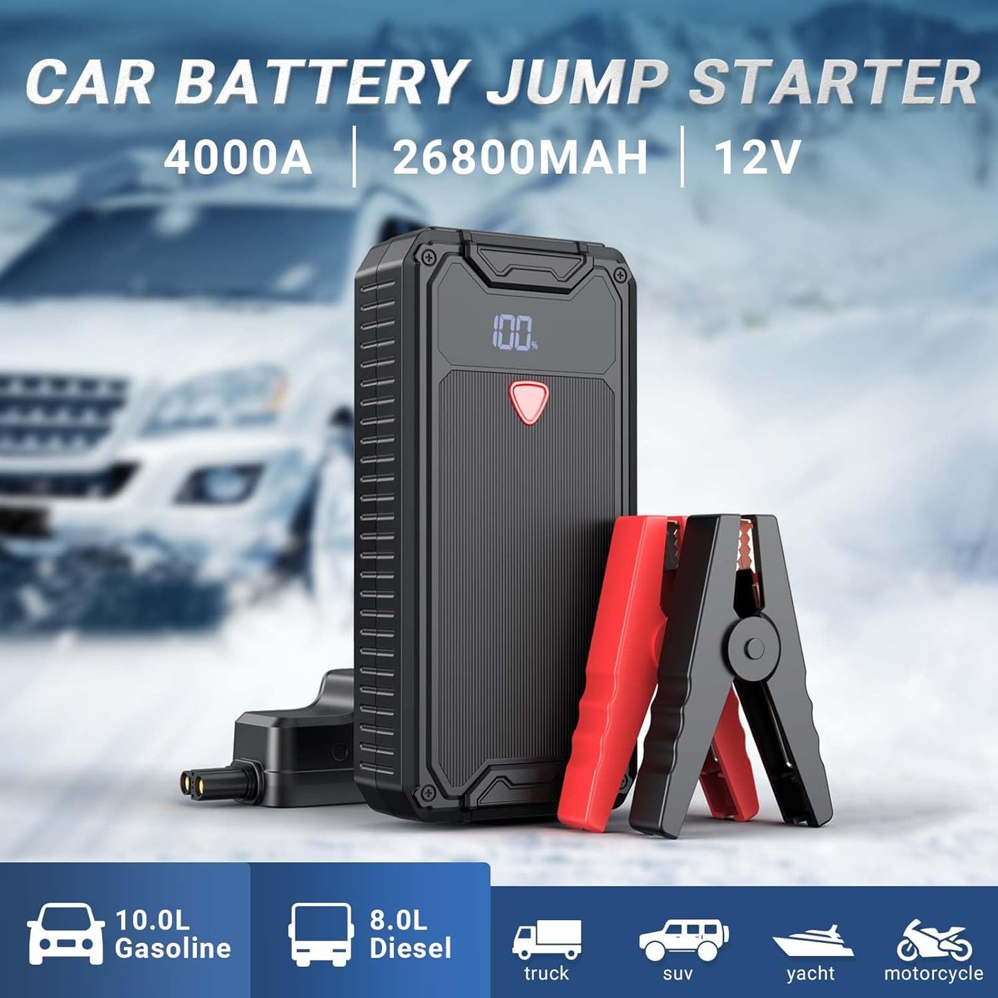 4000A Battery Jumper Starter Portable, USB C Car Battery Pack Jump Starter Box for Car, 26800Mah Battery Booster Jump Start Power Bank Car Battery Jumper Starter Portable