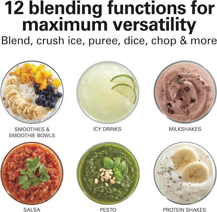 Hamilton Beach Power Elite Wave Action Blender for Shakes and Smoothies, 40 Oz Glass Jar, 12 Functions Including Puree, Crush Ice, Stainless Steel Ice Sabre Blades, 700 Watts, Black (58148A)
