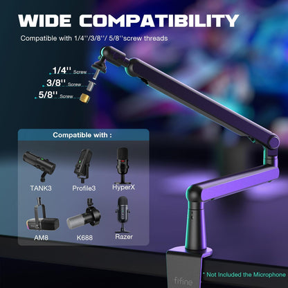 FIFINE Microphone Boom Arm, Low Profile Adjustable Stick Microphone Arm Stand with Desk Mount Clamp, Screw Adapter, Cable Management, for Podcast Streaming Gaming Studio-Bm88