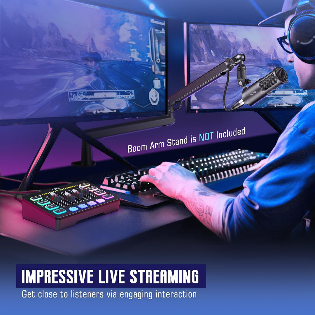 FIFINE Audio Equipment Bundle for Gaming Podcast, Streaming RGB Mixer Set with XLR Dynamic Vocal Microphone, Voice Recording Kit Set with Volume Fader, Individual Control, Mute, Monitoring-Ks3