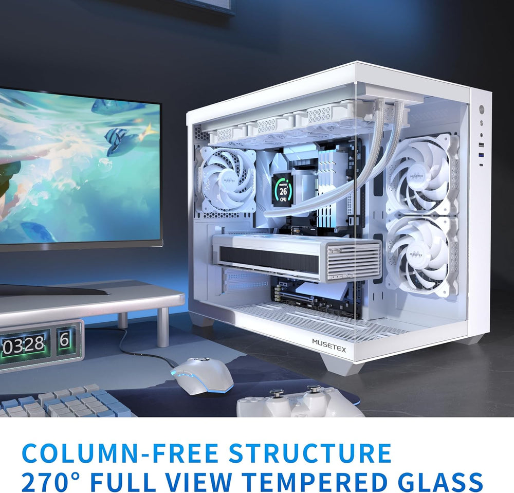 MUSETEX ATX PC Case, 360MM RAD Support, 3 X 120Mm Fans Pre-Installed, 270° Full View Tempered Glass Gaming PC Case with Type-C, Mid Tower ATX Computer Case, White, Y6