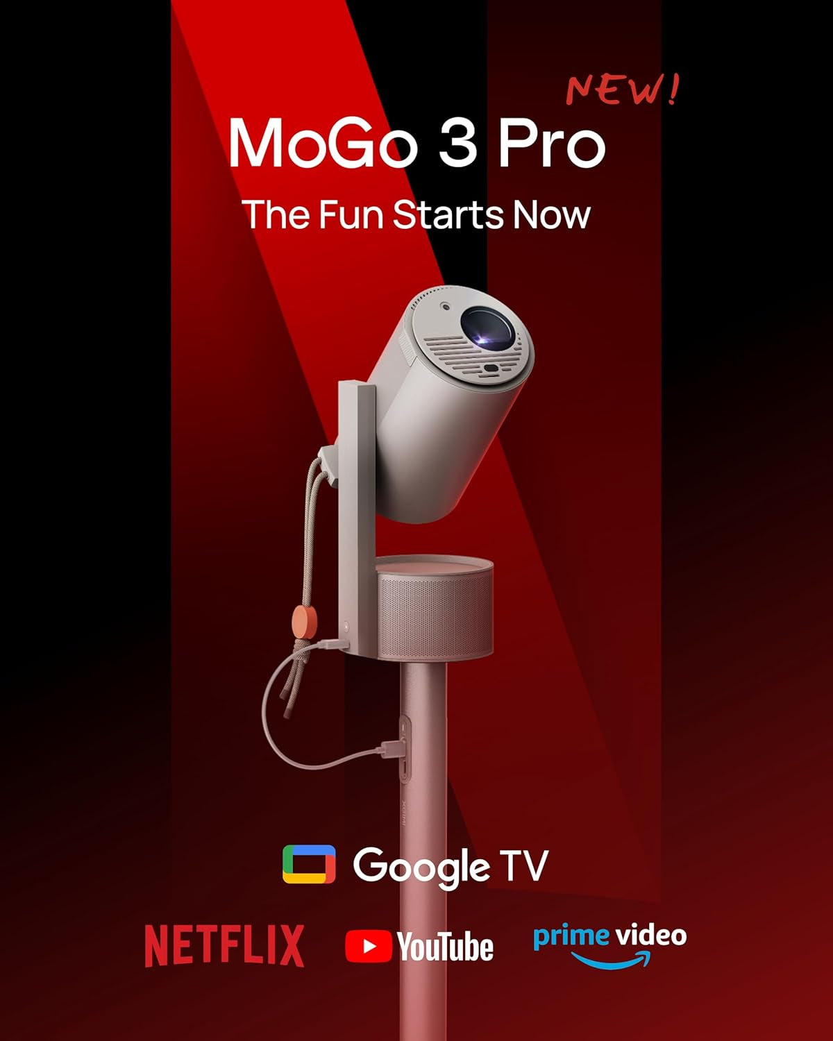 XGIMI Mogo 3 Pro 2024 NEW Outdoor Projector with Powerbase Stand, 2.5Hrs Battery, Google TV with Licensed Netflix, Build-In Adjustable Stand, 450 ISO Lumens, ISA 2.0, 2 X 5W Harman Kardon