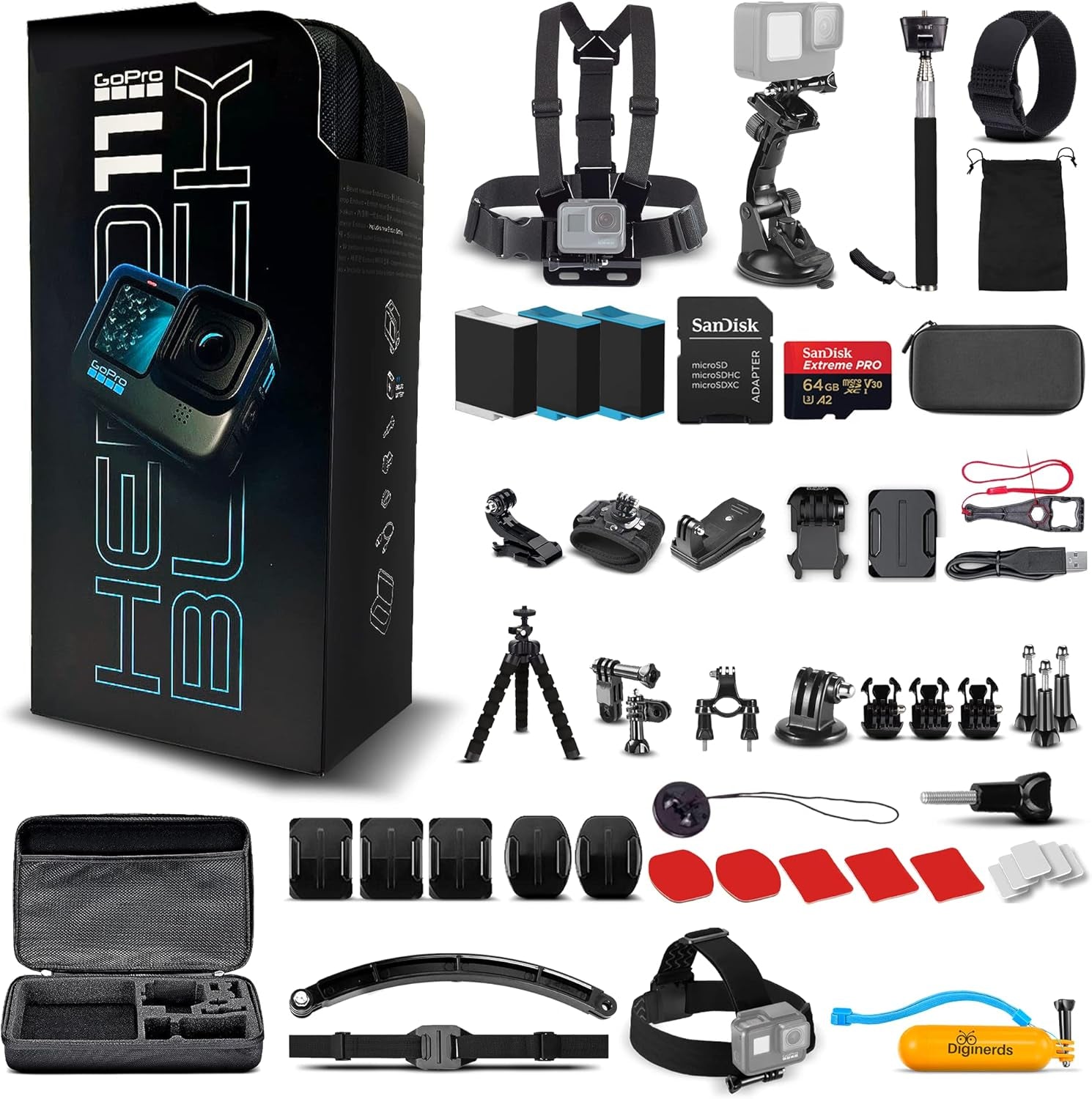 Gopro HERO11 (Hero 11) Black - Waterproof Action Camera with 5.3K Video, 27MP Photos, 1/1.9" Sensor, Live Streaming, Webcam, Stabilization + 64GB Card, 50 Piece Accessory Kit and 2 Extra Batteries