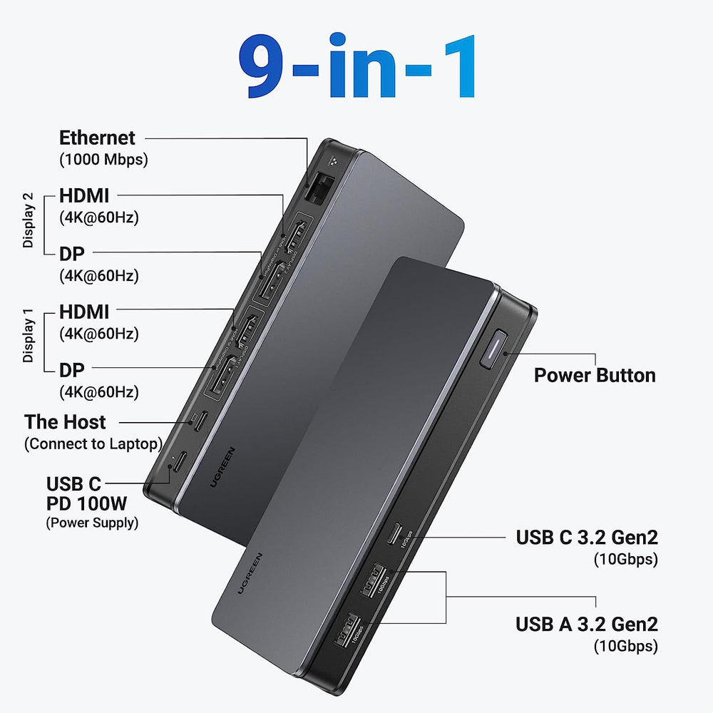 UGREEN Revodok Pro 209 USB C Docking Station, Displaylink 9-In-1 Dual 4K@60Hz Monitor Dock for Macbook & Windows with 2 DP & 2 HDMI, 10 Gbps USB C & USB-A Data Ports, 100W PD, Gigabit Ethernet