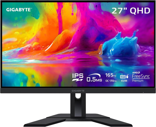 GIGABYTE M27Q 27" 165Hz 1440P -KVM Gaming Monitor, 2560 X 1440 SS IPS Display, 0.5Ms (MPRT) Response Time, 92% DCI-P3, HDR Ready, Freesync Premium, 1X Display Port 1.2, 2X HDMI 2.0, 2X USB 3.0