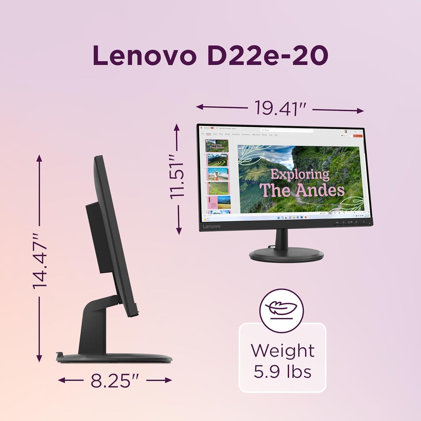 Lenovo D22E-20 Monitor, 21.45” FHD Display, Customizable Tilt Stand, HDMI and VGA Ports, 250 Cd/M² Brightness, Flicker-Free, 75Hz Refresh Rate, AMD Freesync, Raven Black