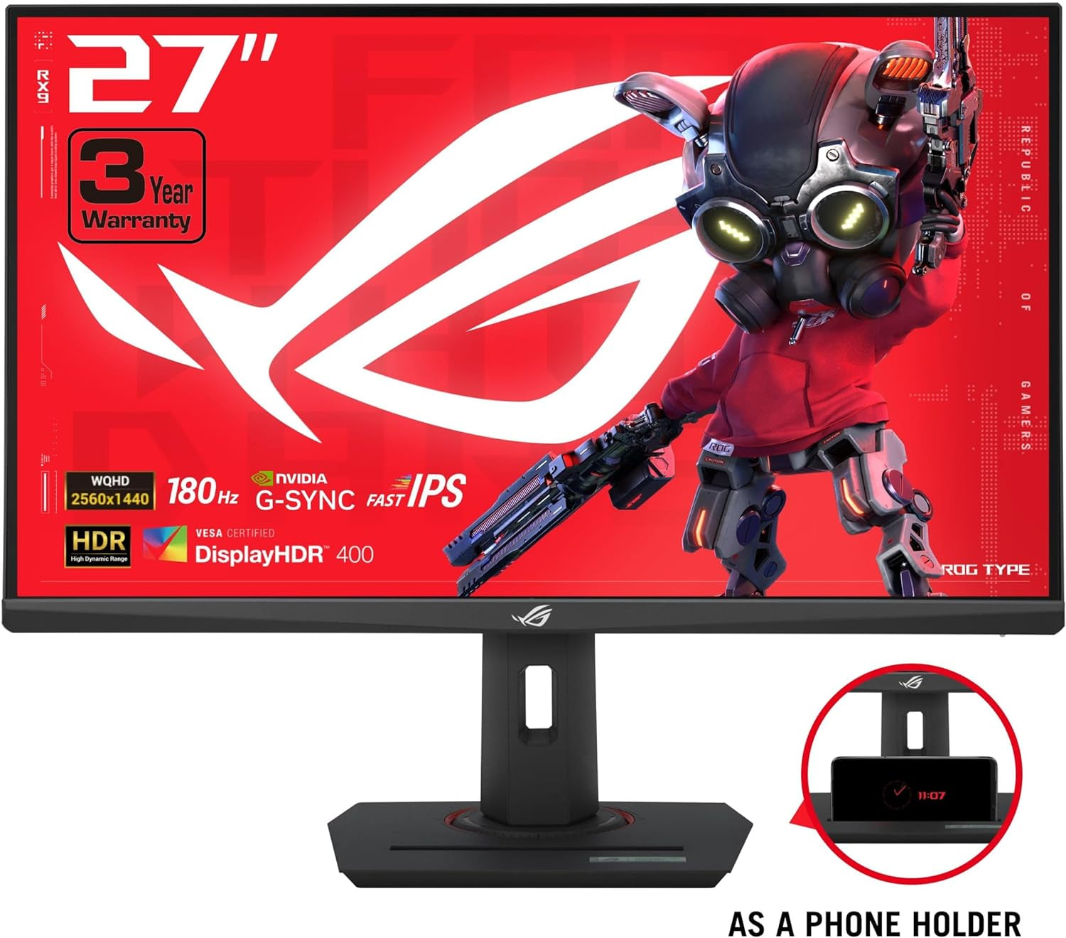 ASUS ROG Strix 27” QHD (2560X1440) HDR400 USB-C Gaming Monitor (XG27ACS), 180Hz,1Ms, Fast IPS, 133% Srgb, Extreme Low Motion Blur Sync, G-Sync Compatible, Displaywidget, Tripod Socket, 3 Year Warranty