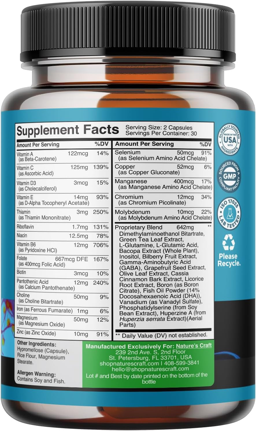 Nootropics Brain Support Supplement - Mental Focus Nootropic Memory Supplement for Brain Health & and Performance Blend, with Energy and Vitamins DMAE Bacopa and Phosphatidylserine Capsule