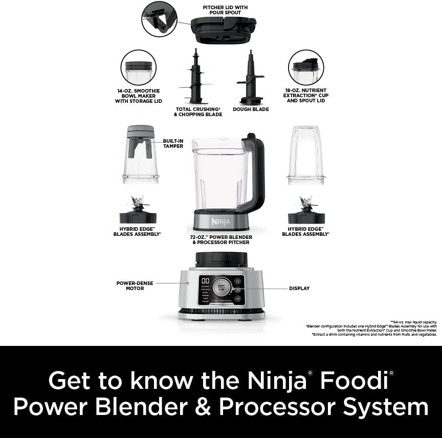 Ninja SS351 Foodi Power Blender & Processor System 1400 WP Smoothie Bowl Maker & Nutrient Extractor* 6 Functions for Bowls, Spreads, Dough & More, Smarttorque, 72-Oz.** Pitcher & To-Go Cups, Silver