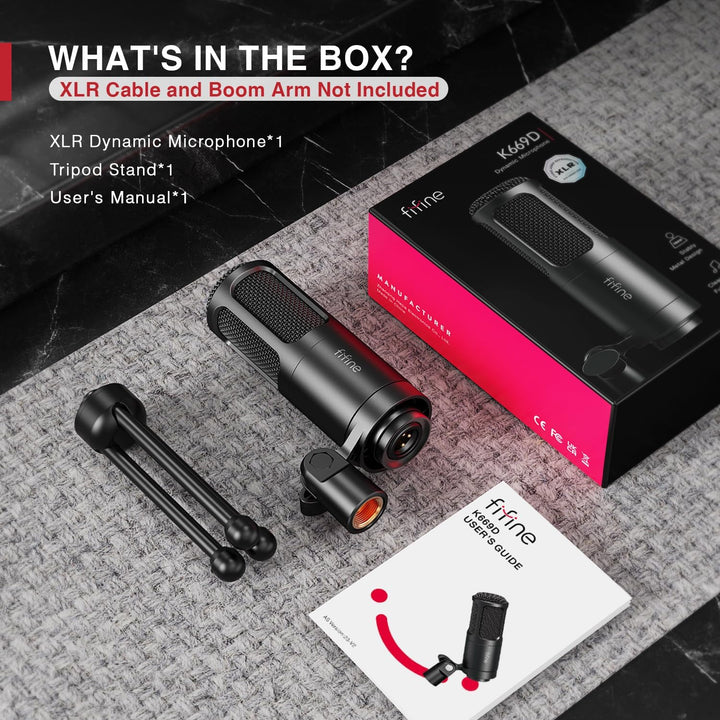 FIFINE XLR Dynamic Microphone, Vocal Podcast Microphone with Cardioid Pattern, Studio Metal Mic for Streaming Voice-Over Dubbing Video Recording, Black-K669D