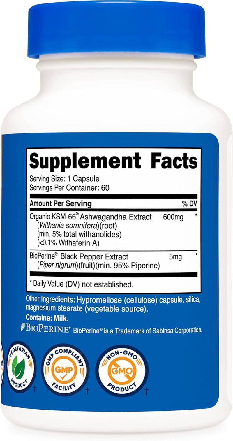 Nutricost KSM-66 Ashwagandha Root Extract 600Mg, 60 Veggie Caps - 5% Withanolides - with Bioperine - Full-Spectrum Root Extract